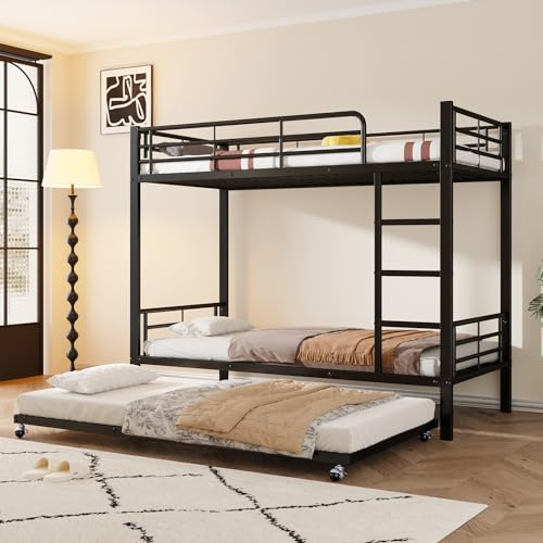 roomfitters Metall-Etagenbett mit Ausziehbett und Seitengittern, Robustes Hochbett für Jugendzimmer, Schwarz