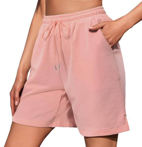 Jezonga Shorts Damen Kurze Sporthose Baumwolle Sport Shorts Sommer Lose Lässige Hose mit Taschen High Waist Elastischer Bund Jogginghose Kurz Short zum Gym Fitness Running Tennis Rosa