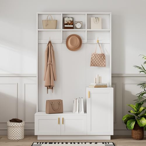 Garderoben-Set mit Bank und Schuhablage, Garderobenset Wandgarderobe, Flurgarderobe Set mit Aufbewahrungsbank, 3 hängenden Haken & offenem Stauraum, 200 x 120 x 40 cm (Weiß)