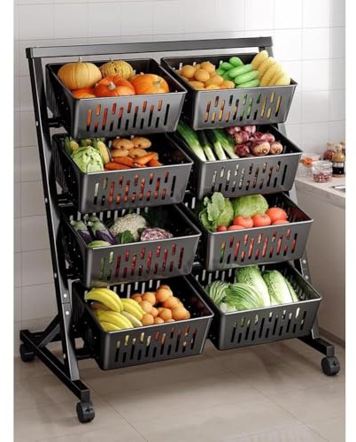 zktoermn Carrello Portaoggetti Per Cestini Da Cucina, Carrello A 4 Ripiani Con Ruote, Portafrutta In Metallo Carrello Organizer Multiuso Con Maniglia A Spinta, Portafrutta(nero)