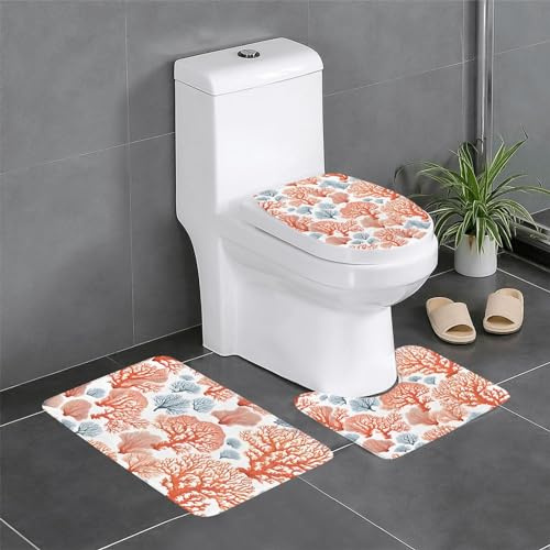3 Piece Bath Mat Set Coral Reef U Shape Wc Toilet Rug Anti Slip Machine Washable Front Doormat, For Bedroom, Floor Tub, Indoor