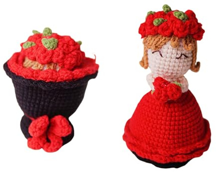 Bambola con bouquet di fiori all'uncinetto doppio, carina bambola con abito da sposa fatto a mano, maglia, laurea, compleanno, adatta per donne e fidanzate (materiale della confezione, non (D, 11cm)