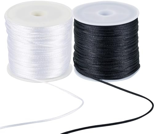 Crafans 2 Rollen 1 mm Nylon-Satinschnur, chinesische Knotenschnur, Weiß und Schwarz, Perlenschnur, Nylon-Rattail-Fäden für DIY-Armbänder, Halsketten, Basteln, Schmuckherstellung