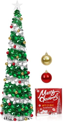 YHANEC Árbol de Navidad Artificial Plegable de 180 cm con Bolas de Estrella y Soporte, para decoración de Navidad, Verde + Plata, decoración de Oficina