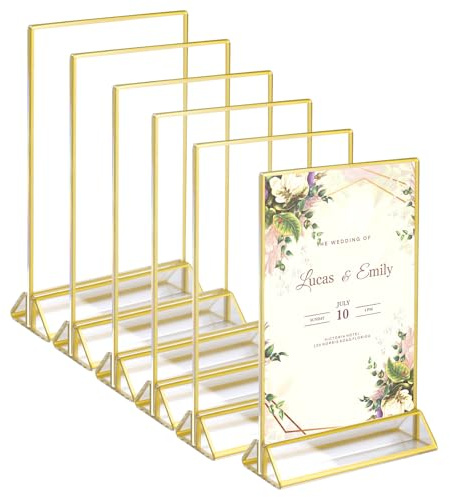 CHUENKUK 6 Stück Acryl Tischaufsteller A5, 13 x 18cm Gold Doppelseitiger Bilderrahmen, A5 Goldrahmen für Menükarten, Schilder und Restaurant Schilder