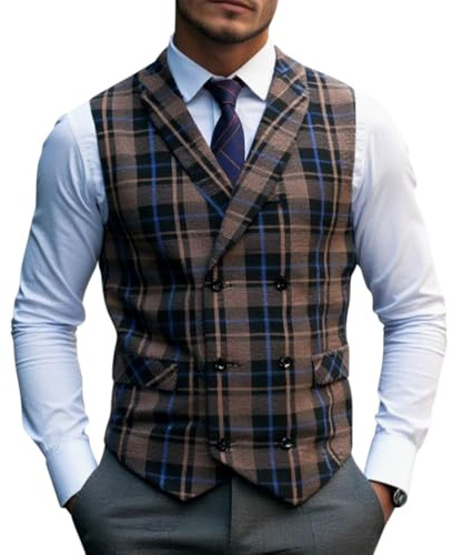 Oanviso Gilet Scozzese da Abito Uomo Doppiopetto Vest Casual Vintage Gilets Vestibilità Normale Matrimonio Business Gilet Scollo a V A Nero XL