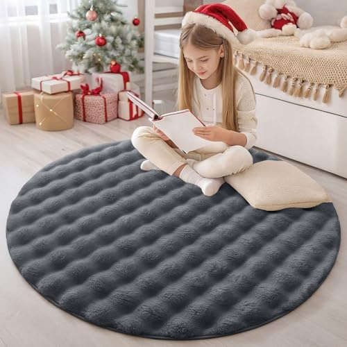 Homaxy 3D Bubble Waschbar Groß Teppich Wohnzimmer 160 cm Rund, Dunkelgrau | Antirutsch Waschbar Teppich, Weich Flauschig Teppiche fürs Kinderzimmer, Schlafzimmer