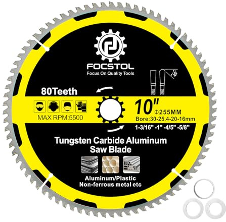 FOCSTOL Hoja Sierra Circular para Aluminio 255mm x 30mm - Disco para Corte Aluminio con 80 Dientes Para Cortar Metales No Ferrosos Plástico