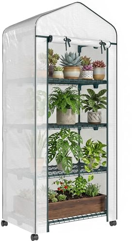Outsunny Serre de Jardin avec étagères 4 Niveaux, Serre de Balcon, bâche renforcée, châssis en Acier, Porte zippée, pour légumes Plantes Fleurs, intérieur et extérieur, 69 x 50 x 165 cm, Blanc