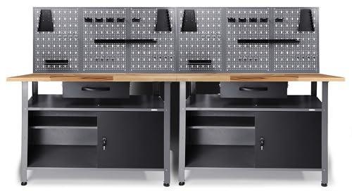Ondis24 Werkstatt Set Werkstatt Metall Buchenplatte Werkbank Klaus mit Lochwandset 240cm