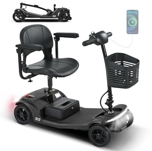 Elektromobil für Senioren klappbar leicht, Seniorenmobil 4-Rad-Elektroroller 136 kg Tragkraft, 15 km Reichweite mit herausnehmbarem Akku, USB & LED, kein Führerschein erforderlich, Schwarz