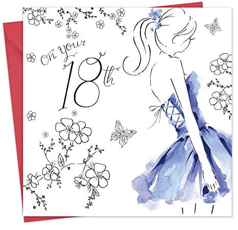 Twizler Geburtstagskarte, für Damen, zum 18. Geburtstag, mit Swarovski-Kristallen besetzt, silberfoliert, Aquarell-Effekt, Motiv Cocktailkleid.