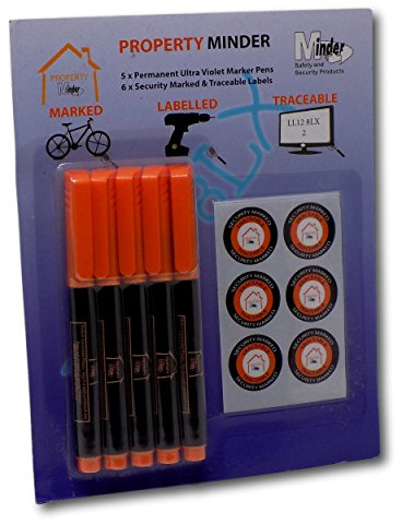 Minder Property Marking Pens - Including 5 x Invisible UV Ink Covert Marker Pens and Warning Stickers