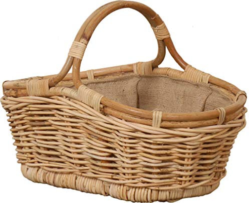 Tragekorb Holzkorb mit Griff Kaminholzkorb zum Tragen Brennholz Korb Träger aus Rattan mit Jute Stoff (Klein, Hell Natur)