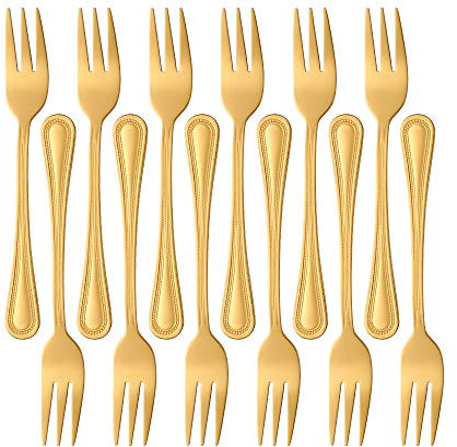 Meisha 12 Stück Edelstahl Bead Teegabel Kleine Dessertgabel, Matt Gold Spiegel poliertes Besteck, 5,7-Zoll