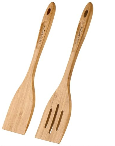 GEEKHOM Bamboo Spatulas for Nonstick Cookware, 13 Inch Wooden Kitchen Utensils, 2 Pack Wooden Spatula for Cooking, Slotted Wok Turners, Flipper for Pancake, Fish, Egg