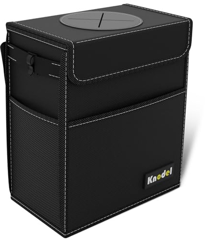 K KNODEL Car Bin with Lid, Car Trash Can and Bag (Large, Black) | Waterproof Car Garbage Can with Liner, Hanging Trash Bag for Car, Suv, Van, Truck, Car Bin