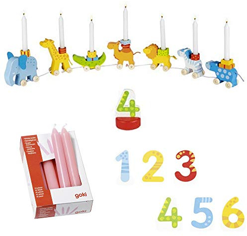 goki 2665 Geburtstagszug Zahlen 1-6 10er Set Kerzen rosa Holz Tiere Geburtstagskarawane