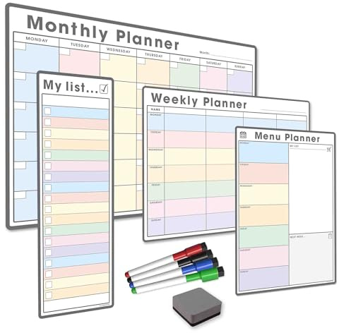 The Magnet Shop Wochenplaner-Bundle #1-4 x trocken abwischbare magnetische Whiteboard-Planer, A4 Wochenplaner, A4 Menüplaner, S3 Meine Liste, A3 Monatskalender, 4 trocken abwischbare Stifte +