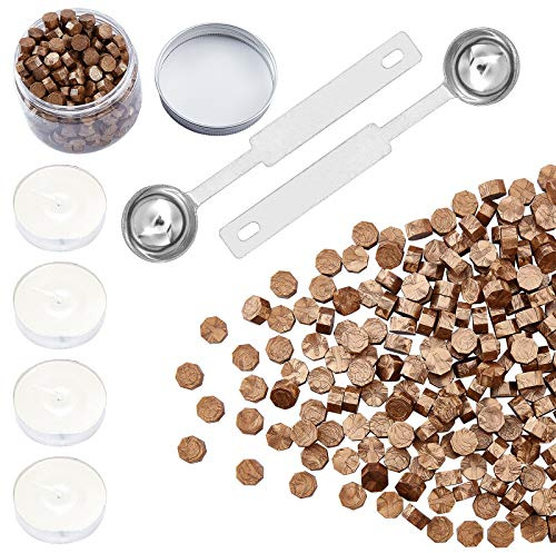 craspire 300 Stück Octagon Sealing Wax Beads Sticks Mit 4 Stück Teekerzen Und 2 Stück Wax Melting Spoon Zum Versiegeln von Wachsstempeln (Bronze)