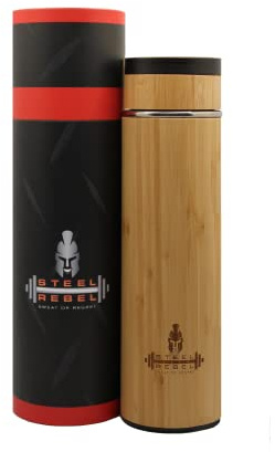 Steel Rebel - Bambus Thermosflasche Thermobecher to go aus Edelstahl Auslaufsicher mit Teesieb - 500ml Umweltfreundlich BPA-Frei