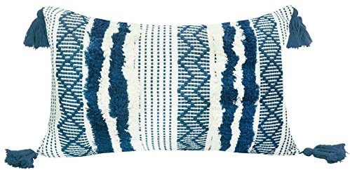LIGICKY Boho Kissenbezug Büschelige Dekorative Kissenbezüge Getuftet Weich Kissenhülle mit Quaste Baumwolle Kissen Boho für Sofa Couch Schlafzimmer Wohnzimmer Büro Auto, 30 x 50 cm, Blau und Weiß