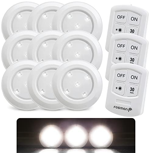 Fosmon Wireless LED Puck Light 9er-Pack, Schrankbeleuchtung, Batteriebetriebene Spots, Nachtlicht Mit Batterie, Dimmbar Mit Akku, Fernbedienung und Timing-Funktion