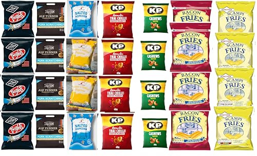 28-Pack Pub Snacks Selection Box | Pork Scratchings, Scampi Fries, Bacon Fries, KP Cashews, Twiglets, Popcorn, Chilli Nuts, Mega Munchies Bar Snack Hamper