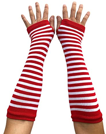 AUSUAYA Gestreifte Handschuhe, lang, fingerlos, gestrickte Armstulpen für den Winter, für Punk, Rock und Cosplay, Gothic, Halloween-Party, GB-WM-S-G5