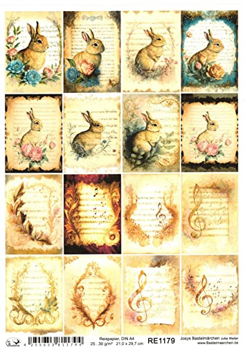 Josys Bastelmärchen Reispapier A4 Strohseide Decoupage Ostern Notenblatt Hase Blumen golden RE1179
