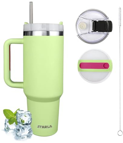 Starla Thermobecher mit Strohhalm und Henkel 1,2l groß, 2 Deckel, auslaufsicher, Edelstahl Isolierbecher Kaffeebecher To Go Wasserbecher Getränkebecher Reisebecher Trinkbecher mit Griff (Hellgrün)