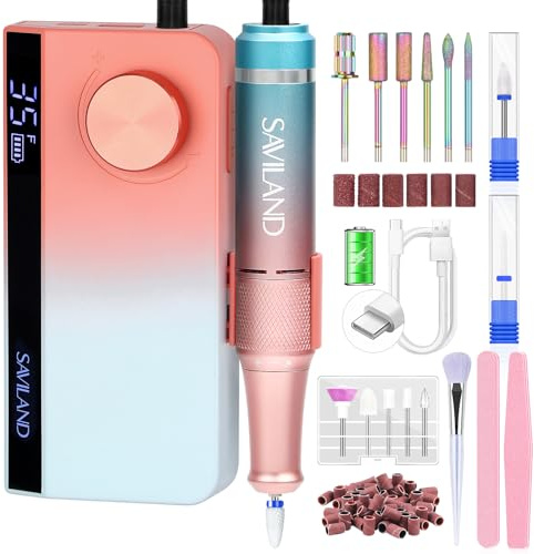 Saviland Electric Nail File: 35000RPM High Speed Portable Nail Drill Professional Electric Nail Drill Machine Kit Gradient Color with Buffers for Salon & Home Manicure Pedicure
