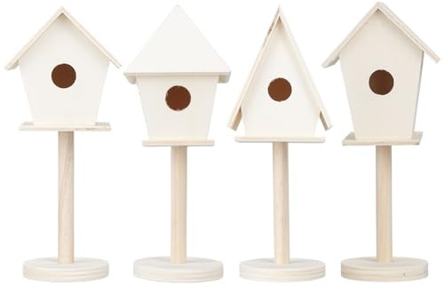 Ideen mit Herz Vogelhäuschen mit Ständer | aus Holz | Natur | zum Aufstellen | zum Anmalen und Basteln | Deko | 4 Größen | 4 Stück