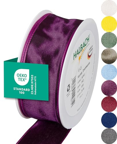 Halbach Geschenkband mit Drahtkante, 40 mm x 25 m, dunkellila | Taftband mit formbarer Drahtkante aus 100% Acetat, Made in Germany, Öko-Tex 100 zertifiziert, wetter-/wasserfest