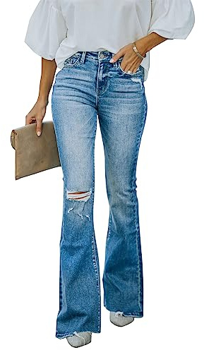 KUNMI Pantaloni jeans da donna, a vita alta, gamba larga, a campana, in denim elasticizzato, 46