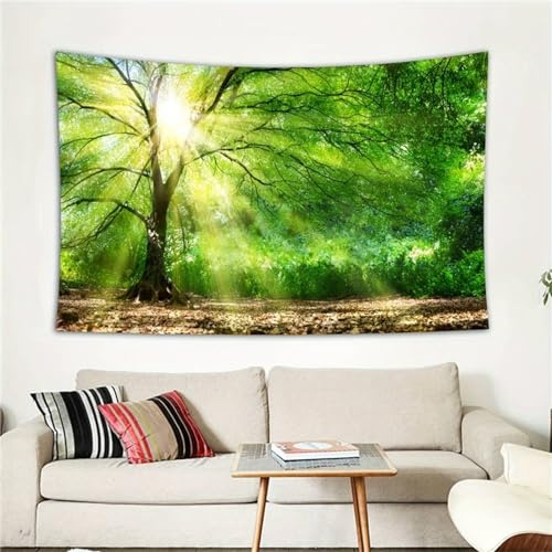 Arsey Wandteppich Wald Wandtuch Baum Wand Teppich Tapisserie Sonnenschein Himmel Wandbehang Gras Natur Landschaft Schöne Wandteppiche Deko Wohnzimmer Schlafzimmer, Grün, 150x130cm