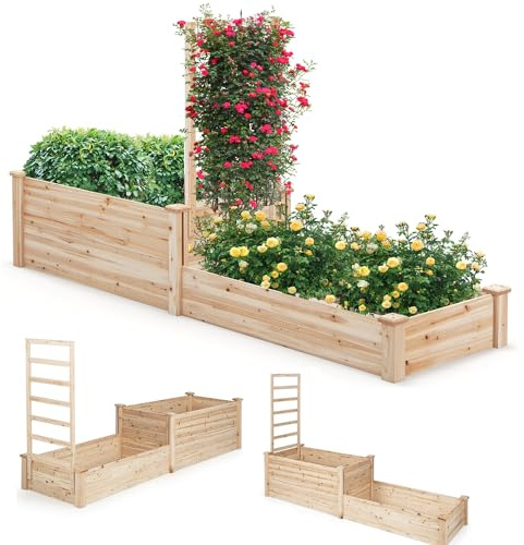 RELAX4LIFE Jardinère Surélevé avec Treillis et 2 Compartiments, Bac à Fleur en Bois avec Base Ouverte,Carré Potager surélevé pour Culture de Vignes Fruits Légumes Fleurs Herbes, KX8439FR