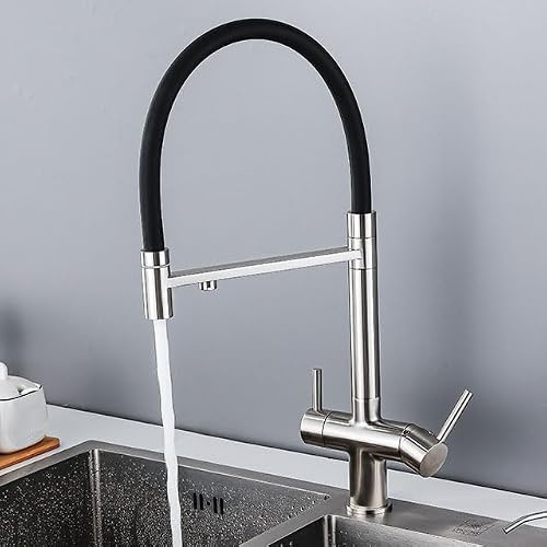 ZYCDP 3 Wege Wasserhahn Küche, 360° Schwenkbar, Wasserhahn Küche mit Filter Wasser, Mischbatterie Küche Messing, Gebürstet