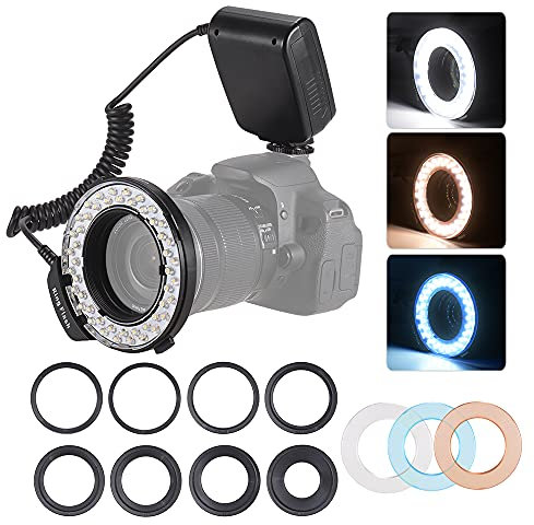 KOSINGNA HD-130 Macro LED Ring Flash Light LCD Display 3000-15000K GN15 Power Control with 3 Flash s 8 Adapter Rings for Cameras