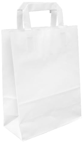 Monouso | 25 Bolsa Papel Kraft Blanca con Asa Plana 70g/m² | Resistente y Ecológica | 22+10x28 cm