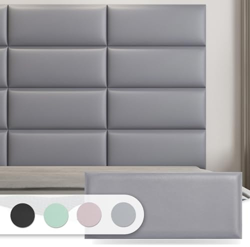 Art3d Peel and Stick Headboard for Twin in Grey, Pack of 6 Panels Sized 9.84 x 23.62, Soundproof Wall Panels 3D, Upholstered Wall Panel