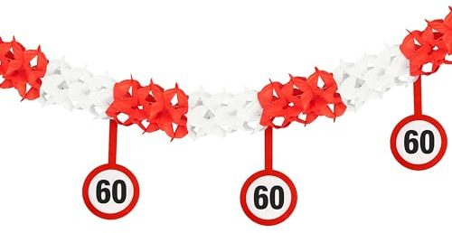Tiwoca Deko zum 60. Geburtstag - rot-weiße Girlande mit Verkehrszeichen | 400cm lange, gebauschte Girlande aus Papier und Pappe mit 12 Schildern in Verkehrszeichen-Optik zum Aufhängen