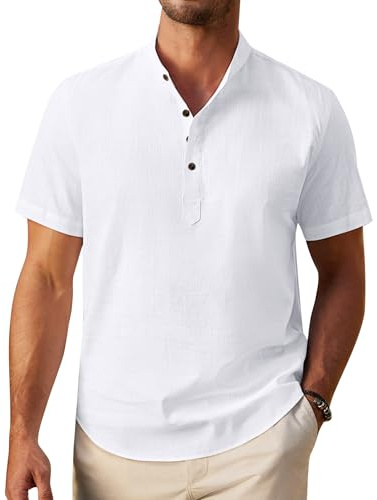 siliteelon Men's Linen Shirts Short Sleeve Henley Shirts for Men Adult Summer Beach Regular Fit Casual Summer Shirt