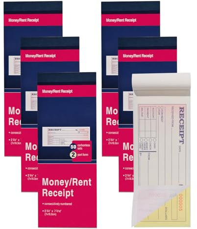 ANABIUP 6 Pack Receipt Book with Carbon Copies, Money and Rent Receipt Book for Small Business, 2-3/4 x 7-3/16, 2-Part Carbonless, 50 Sets per Book