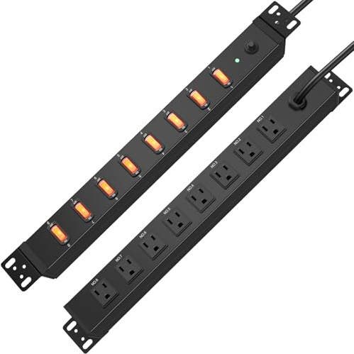 HHSOET - 1U rack mount surge protection, 8-way PDU power strip, metal output strip with switch, 3m long power cable.