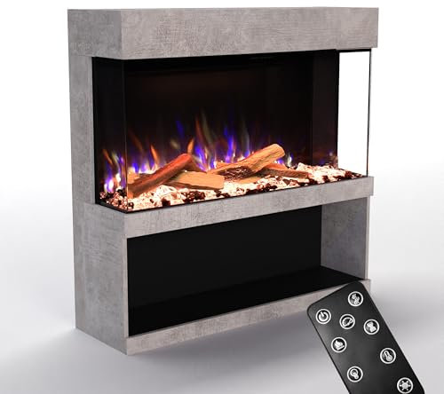GLOW FIRE Kaminofen PR17 mit realistischem 3D E-Motion LED-Feuer - Stand-Elektrokamin mit Heizung und Kaminfeuer, Knistereffekt & Timer, max. 1500 W, 130x131x40cm, Beton