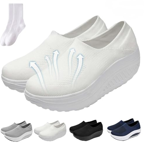 Chaussures à bas à bascule pour femme - Baskets d'été en maille confortable - Chaussures de marche orthopédiques avec soutien de la voûte plantaire pour femme, blanc, 38.5 EU