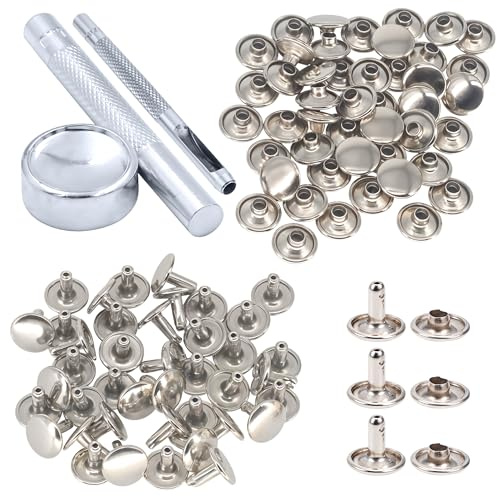 Event Decor Shop Double Cap Rivets with Fixing Tool Set, 100 Set Leather Rivets Tubular Metal Studs with 3 Pieces Hand Tool for Repair Clothing, Lathercrafts, Handbag Decoration – 6mm, Silver