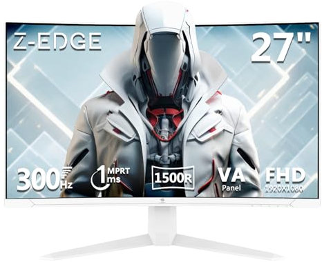 Z-Edge Ecran Pc Gamer Incurvé Blanc 27'' 300Hz (DP1.4 × 2), 1ms MPRT, FreeSync, FHD, 240Hz (HDMI2.0 × 2), Moniteur Gaming White LED 16:9, Inclinaison Réglable, 1500R VA, 4000:1, VESA (DP Câble Inclus)