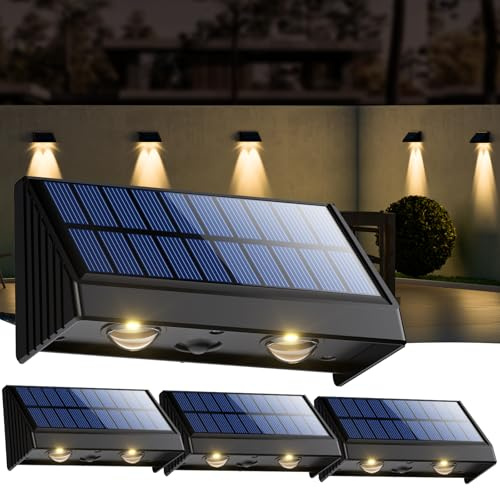 OUSFOT Applique da Esterno Solare 4 Pezzi, Impermeabile IP65 Luce Solare Led da Esterno, 3200K Bianco Caldo Faretti Solari per Pareti, Ringhiere, Recinzioni, Giardini, Terrazze, Balconi, Scale